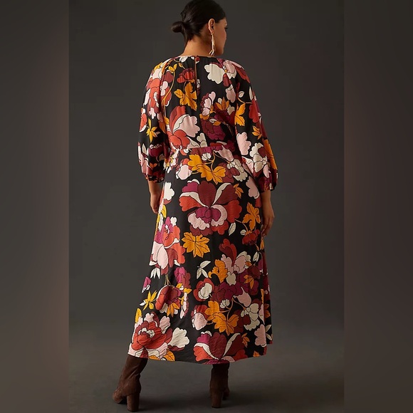 Maeve Floral Midi Dress with V-Neck & Long Sleeves – Size 0 - Picture 2 of 8